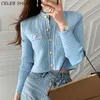 Chic Blue Knitted Cardigan Woman Gold Button Vintage Sweater Female Single-breasted Business Cropped Tops 211018