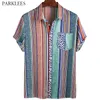 Retro Färgglada Striped Summer Mens Shirt Leopard Tryckt Patchwork Kortärmad T-shirts För Män Casual Button Camisas Hombre 210524