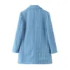 Blue Plaid rafelige rand tweed jas jas vrouwen revers dubbele breasted dames lange mouw uitloper blazer 210430