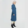 Höst Turndown Collar Long Trench Jacket Women Slim Belt Cloak Vintage Windbreaker Overcoat Business Blue Outwear 210430
