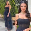 2021 Black Prom Dresses Tulle Tiered Skirt Illusion Spaghetti Straps A Line Ankle Length Custom Made Cocktail Party Formal Evening Gown vestidos