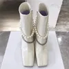 White Black Chains Biker Boots for Women Square Toe Patent Leather Female Fashion Booties Evening Party Boot