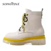 SOPHITINA Women Ankle Boots High Quality Leather Handmade Non-Slip Shoes Cross-Tied Round Toe Mid Heel Casual Ladies Boots SO710 210513