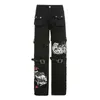 ストリートウェアファッションデザインプリントジーンズメタルバックルブラックデニムズボンルーズパンツ2022 New