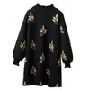 Autumn Winter Women Loose Casual Floral Embroidery Woolen Blend Mini Black Dress Ladies Dresses Plus size 3XL 4XL S235 210428