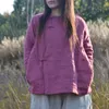 Johnature mulheres outono parkas ramie casacos cor sólida o-pescoço manga longa botão vintage feminino chinês estilo parkas 210521