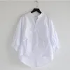 Été Corée Mode Femmes Blanc Col En V Chemise Plus La Taille Lanterne Manches Blouses Lâches Dos Split Bouton Chemises Dames Tops D326 210317