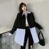 [EWQ] Giacca abbinata ai colori Vintage Casual Cappotto lungo da donna Blazer a righe Blazer Patchwork Nero Bianco Blazer da donna 210423