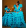 Blue A Line Flower Girls Dresses V Neck Ruffles Tier Skirt Kids Pageant Dress Floor Length Tulle Child Birthday Gowns