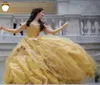 الذهب الأصفر الأميرة فساتين Quinceanera فساتين منتفخ تنورة الدانتيل متابعة قبالة الكتف مشد الحلو 16 اللباس 2021 vestidos de 15 años