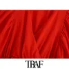 TRAF女性ファッション弓をつなぐ弾性トリムブラウスヴィンテージvネック半袖女性シャツBlusas Chic Tops 210326