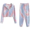 Autumn Fashion design women's rainbow color tie-dying hooded sweatshirt cardigan coat plus size SML