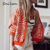 Zebra Stickad Cardigan Crop Top Orange Striped Sweater Kardigany Za Kvinnor Knitwear Fashion Swete Tops Sueter Feminino ins 210805