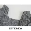 Kpytomoa Women Fashion Elastic Smocked Ruffled Cropted Blouses Vintage Lantern Sleeve Plaid vrouwelijke shirts blusas chic tops 210326
