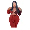 Women's Two Piece Pants Women Plus Size Two-piece Sets Colors Spliced Long Sleeves Deep V Neck Crop Top Casual Tracksuits Club Outfits 2022