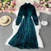 Casual Dresses Long Sleeve Velvet Dress Autumn Winter French Style Vintage Stand Collar Women High Waist Big Swing Pleated