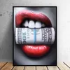 Wall Art Sexy Red Lips Bite Bullet and Money Modern Canvas Paintings For Living Room Posters & Prints Home Decor