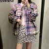 women Fashion blend check shirt ladies Vintage Long cuffed sleeves patch pockets bejewelled buttons Female girls coats 210520