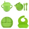 6 Pcs Baby Silicone Bib Divided Dinner Plate Sucker Bowl Spoon Fork Straw Cup Set Training Feeding Food Utensil Dishes G1210