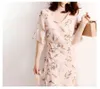 Fashion Fresh Print Chiffon Dresses for Women Summer Ruffles Design V-neck Dress Elegant Office Lady Vestido Feminino 210525