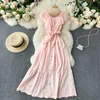 Sexy Off Shoulder Ruffles Women Casual Dresses Slash Neck Single Breasted A-line Summer Chic Hollow Vacation Midi Dress 2021