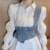 NEPLOE Korean Suit 2 Piece Set Loose Puff Sleeve Vit Blus Toppar Slim Waist Oregular Cowboy Vest Två Piece Outfits för Kvinnor 210422