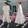 summer Korean Style Flare Sleeve O-Neck Large Pendulum Solid Color Stitching Cotton Linen Women White Dress QG361 210510