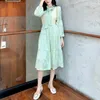 Blue Green Lace Up Collar Vintage Solid Long Sleeve Knee Length Dress Elegant Autumn Spring Chic Polarized Color D1446 210514