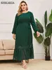 Navy Green Pompom Maxi Dress for Women Eid Elegant Plus Size O-neck Long Sleeve Arabic Oman Muslim Turkey Clothes 210517