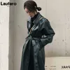 Lautaro Autumn Long Black Cool PU Leather Trench Coat for Women Belt Single Breasted Loose Korean Fashion Wholesale Clothes 211007
