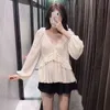 Women Dot Print Ruffles See Through Blouse Casual Transparent Female Long Sleeve Shirts Office Lady V Neck Solid Top 210508