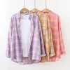 Women's Blouses & Shirts KYQIAO Women Plaid Shirt 2021 Female Autumn Spring Japanese Harajuku Style Long Pink Blue Purple Blouse Tops Blusa