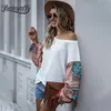 White Print Batwing Sleeve Loose T-Shirt Women Autumn Boho Color Block Round Neck Long Casual T shirt Top 210510