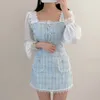 Korea Spring Fashion Temperament Sweet Chiffon Patchwork Tweed Elegant Square Collar Top + High Waist Mini Skirt Suit 210518