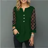 T-shirt da donna Plus Size Solid Black Top con scollo a V Button splice Mesh Nove punti manica Primavera Estate Casual Loose Tees Shirt 210317