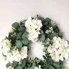 Biała hortensja zielone liście eukaliptusowy girlanda wystrój domu sztuczne kwiaty wieniec do okna wyświetlacza drzwi