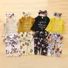 Set di abbigliamento per bambini per bambini abiti da ragazza rotonda collare maniche lunghe pantaloni stampati floreali fascia tre pezzi set 377 j2
