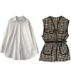 [Ewq] Höst kostym Solid Färg Enkel Kvinnor Blus + Chic Sashes Slim Waist Plaid Panel Patchwork Vest Coats 2 Piece Set 211008