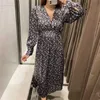 Za Floral Print Satin Sukienka Kobiety Z Długim Rękawem Elegancki Biuro Midi Sukienka Kobieta Chic Elastyczny Talia Vinatge Pleat Sukienki 210602