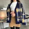 Peut-être U Femmes Rose Bleu Plaid V Cou Simple Bouton Bouton Tricoté Pull Lâche Cardigans Hiver Outwear M0006 210529