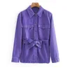 BLSQR Casual Denim Purple Jacket Fashion Pocket Långärmad jacka Street singelbröst höst Kvinnors kappa med bälte 210430