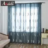 ホワイトフェザー刺繍窓チュールカーテンの居間の寝室モダンブルーシアーカーテン刺繍ボイルカーテン3D 210712