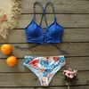 2021 Ny Sexig låghöjd bikini Set Women Swimsuit Lace Up Badkläder plus storlek Baddräkt Beach Wear Print Summer Biquini Female 210319