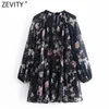 Zevity WomenファッションVネックフローラルプリントプリーツシフォンミニドレス女性シックフェイク2個カジュアルパーティーvestido DS5021 210603