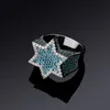 Ny Hexagon Star Silver Color Blue Iced Out Cubic Zircon med sidoningar Ringar Micro Paled Diamond Hip Hop Jewelry For Gifts248G