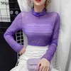 Autumn Long Sleeve White Blouse Women High Elastic Mesh Lace Pullover Casual Pleated Shirt Tops Mujer 10458 210512