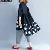 Dimanaf Kadınlar Bluz Gömlek Uzun Kollu Pamuk Üst Sonbahar Femme Lady Büyük Gevşek Giyim Baskı Eklenmiş Pileli Artı Boyutu Siyah 210721