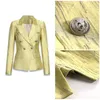 HarleyFashion Bright Silk Luxury Design Yellow Women Temperament Långärmad Dubbelbröst Texturerad Höst Blazer Coat X0721