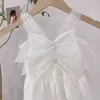 Summer Girl Dress Sleeveless White Princess with Bowknot Flower Open Back High Low E0001 210610