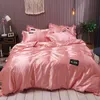 Pure Satin Silk Bedding Set Lace Luxury Duvet Cover Single Double Queen King Size 240x220 Couple Quilt Covers White Gray Red